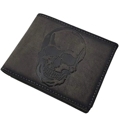 Imagen de Cuero de búfalo Cartera con Calavera Motivo Bloqueo RFID y NFC (Gris)