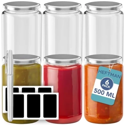 Imagen de HEFTMAN tarros de vidrio con tapas, paquete 6, mermelada 500 ml plata, tapas herméticas, almacenamiento reutilizables para avena nocturna, mermeladas,