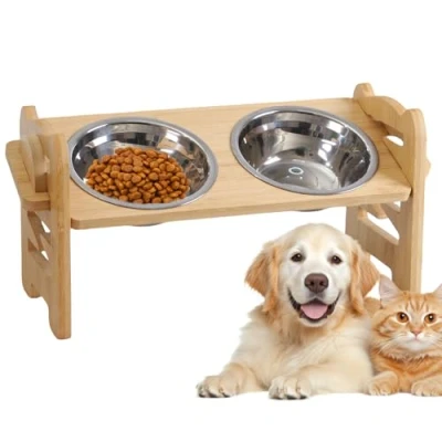 Imagen de comedero elevado para perros, ajustable y elevado, perros gatos, soporte de madera con 2 comederos acero inoxidable, elevados