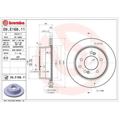 Imagen de BREMBO 09.E168.11 Disco de freno 307 20 5 ventilación interna revestido SSANGYONG: Rodius I