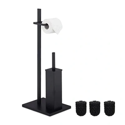 Imagen de Relaxdays Escobillero y Portarrollos WC, Porta Escobillas Rollo Papel Higiénico, 3 Recambios, Baño, Aseo, Acero, Negro, 1 Unidad