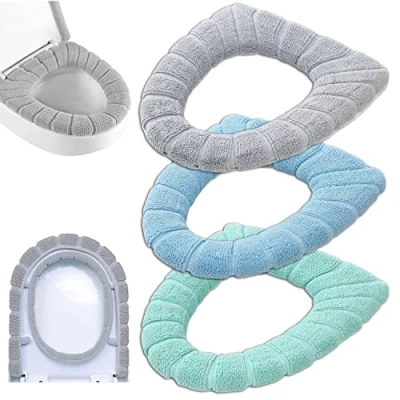 Imagen de Funda de asiento inodoro suave y gruesa, extensible, lavable, color aleatorio (1 lote = 3 piezas)