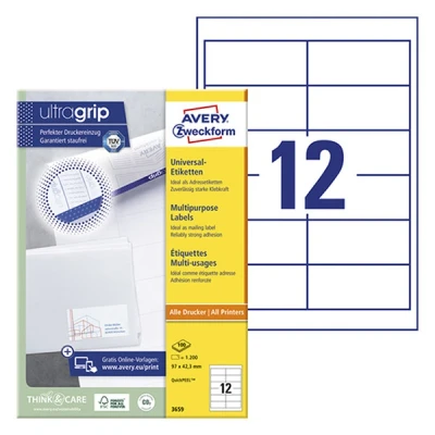 Imagen de Avery 3659 Pack de 100 hojas con etiquetas imprimibles polivalentes, 97 x 42.3 mm