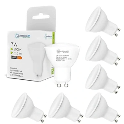 Imagen de LIGHTWORLD24 bombillas LED GU10, blanco cálido 3000 K, 7 W, equivalente halógeno 50 510 lúmenes, foco, ángulo de haz 120, no regulable, GU10 ahorro energía,