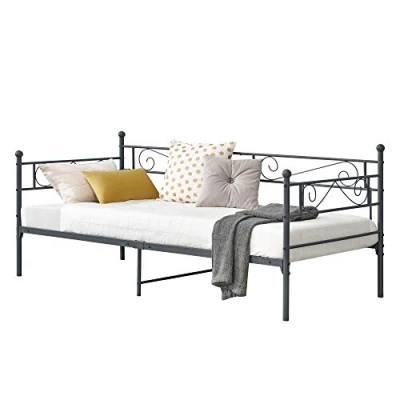 Imagen de [en.casa] Cama con Estructura de Metal Kerava 90x200cm Simple Individual Armazón diseño Reposacabezas y Reposapiés Decorativos Sofá Diván Gris Oscuro