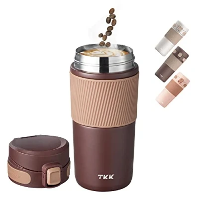 Imagen de TITIROBA TKK taza térmica de 450 ml, a prueba fugas, café acero inoxidable, para llevar, mantiene el calor durante 6 horas, color marrón frío 2001