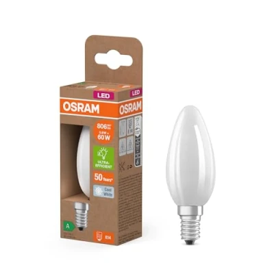 Imagen de Lámpara LED OSRAM Energy Class en forma clásica de mini vela, 3,8 W / 806 lm, EEK A, luz blanca fría (4000 K), CRI 80, fabricada vidrio esmerilado sin plomo, casquillo E14, IP20, 35 mm diámetro.