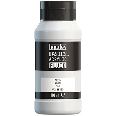 Imagen de Liquitex Basics Fluid Pintura acrílica de consistencia fluida, secado rápido, resistente a la luz, impermeable, acabado satinado permanente, bote 118 ml, plata