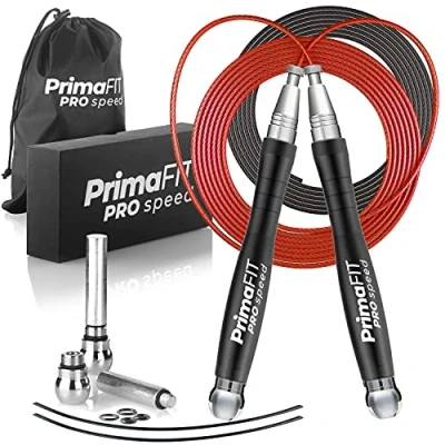 Imagen de PrimaFIT Pro Speed Cuerda Saltar, Comba Crossfit Hombre y Mujer de Alta Velocidad para Boxeo Fitness Mango Aluminio, Autoajustable, Rodamientos Rápidos, 2 Lastres, Cable Repuesto, Bolsa
