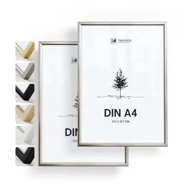 Imagen de Heimlich® 2xMarco de fotos A4 Aluminio Dorado marcos cuadros Vidrio Acrílico Irrompible Grano Visible Duradero Fácil Colgar Para Decoración Pared y Hogar marco