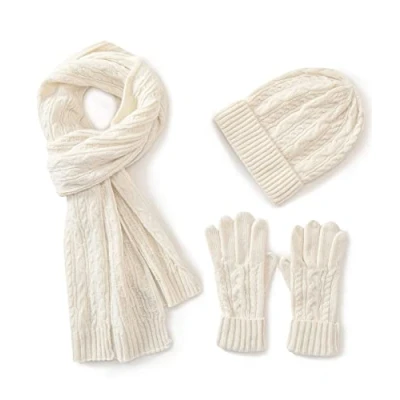 Imagen de Villand gorro de lana para mujer 3 en 1, guantes y bufanda, juego invierno, piezas, punto cable con caja regalo (Blanco)
