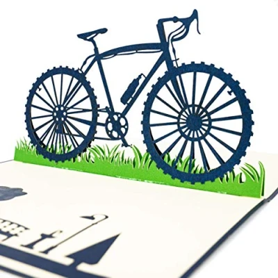 Imagen de tarjeta pop up 3D para bicicleta con flores, de felicitación, amistad, regalo, sorpresa una rueda mujer y flores rojas bien combinable un cupón