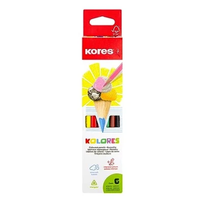 Imagen de Kores Kolores 6 lápices de colores forma triangular, con mina suave, madera FSC, suministros papelería, colores, juego