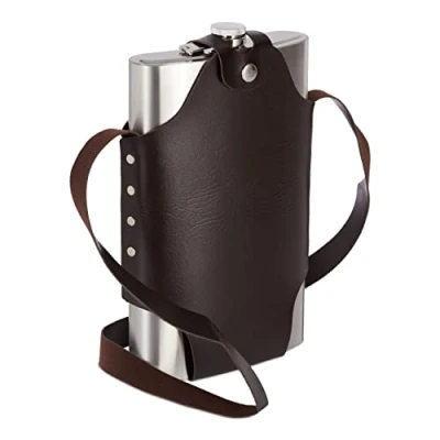Imagen de Relaxdays Petaca XXL con Funda, Cantimplora, Acero Inoxidable y Cuero Sintético, 1,8 L, Plateado Marrón