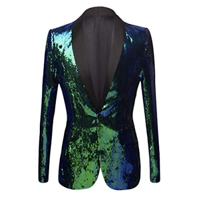 Imagen de PYJTRL Hombres Elegante Dos Colores conversión Brillante Lentejuelas Chaqueta Traje (L, Verde)