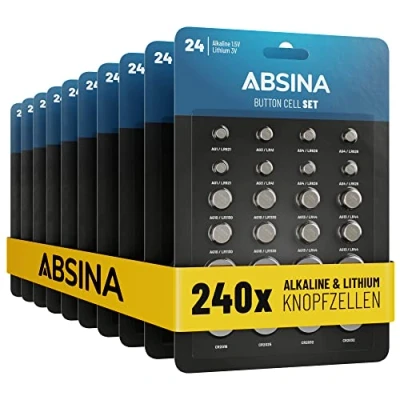 Imagen de ABSINA Pack de 240 Pilas botón Alcalinas &amp; Litio 20x AG1 LR621 / AG3 LR41 40x AG4 LR66 AG10 LR1130 AG13 LR44 CR2016 CR2025 CR2032 Pila 1,5V 3V