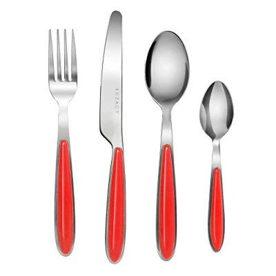 Imagen de EXZACT Conjunto de cuberteria con 24 piezas acero inoxidable manecillas color 6 x Tenedores, Cuchillos, Cucharas, Cucharaditas (Rojo 24)