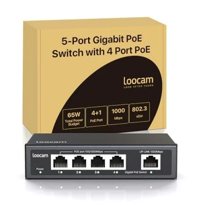 Imagen de Loocam Switch PoE Gigabit de 5 Puertos, 4 Puertos PoE+ con 1 Puerto Uplink, Ethernet No Gestionado 1000 Mbps, 65W IEEE802.3af/at, Carcasa Metálica, Plug &amp; Play