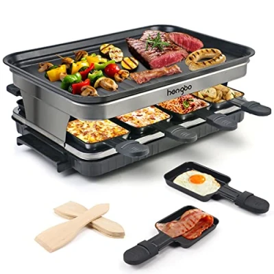 Imagen de HengBO Raclette 8 Personas Parrilla Electrica Grill de Sobremesa Barbacoa Party con Mini sartenes, Control Temperatura Variable, 1500W