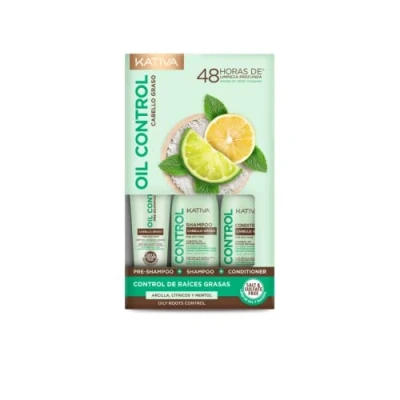 Imagen de Kativa Oil Control Kit de Cabello Graso 3x50 ml Contiene: Pre Champú, Champú y Acondicionador Raíces Grasas Arcilla Purificante, un Mix Cítricos Mentol