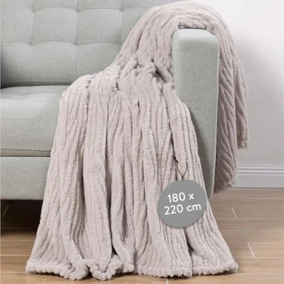 Imagen de HOMELEVEL Manta Sherpa 150 x 220 cm Calentita Sofa Invierno Extra Suave Pelo Lavable 100% Poliéster Polar con Diseño Jacquard Beige