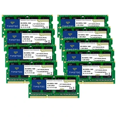 Imagen de Timetec DDR3L/DDR3 1600MHz PC3L 12800/PC3 12800 Non ECC Unbuffered 1.35V/1.5V CL11 2Rx8 Dual Rank 204 Pin SODIMM Laptop Notebook PC Módulo de Memoria RAM Actualización (80GB Kit(10x8GB))