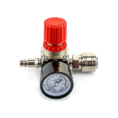 Imagen de QWORK® Válvula Reguladora de Presión, Regulador Presión para Compresor Aire con Manómetro 175psi 12bar 240V, 4 Agujeros