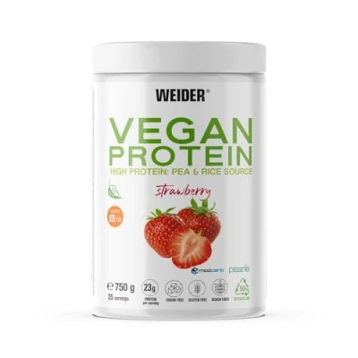 Imagen de Weider Vegan Protein (750g) Sabor Fresa. Proteína Vegana 23g/dosis Aislada Guisante (Pisane) y Arroz. Con Vitamina B12 Stevia. Sin Gluten, Azúcar. Bote 50% Reciclado, 100% Reciclable