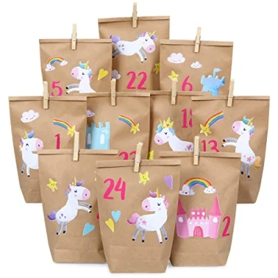 Imagen de Papierdrachen Juego de Calendario adviento DIY Papel Kraft Unicornios para Pegar con 24 Bolsas marrón Rellenar tú Mismo y hazlo Navidad 2021