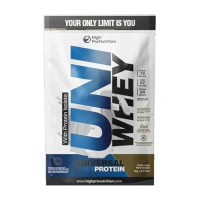 Imagen de Highpro nutrition Uni whey protein Proteína concentrada de suero leche y aislado 78% proteinas por racion Lacprodan® Con stevia Sin gluten (Fresa, 1 kg)