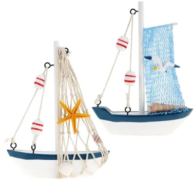 Imagen de com four® Barco Decorativo marítimo de Madera pesquero con Red Pesca y Conchas para decoración velero náutico (02 Piezas 13cm)
