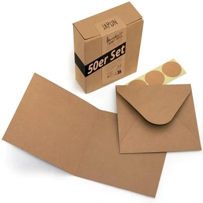Imagen de Japun juego de 50 tarjetas plegables cuadradas en blanco que incluyen sobres, para diseñar, etiquetar o imprimir marrón