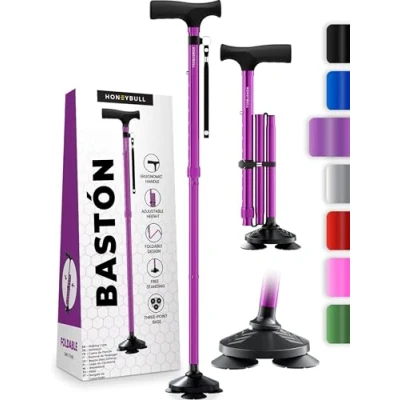 Imagen de HONEYBULL Bastón para Hombres y Mujeres Plegable, Ajustable, Colapsable, Autoportante, Punta Pivotante, Resistente Bastones Personas Mayores Adultos (Morado)
