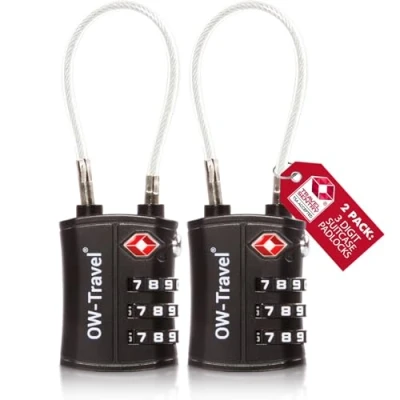 Imagen de OW Travel candado Combinacion Cable Acero Flexible Anti robo. maleta TSA numerico 3 Digitos. Candados mochila y maletas. Taquilla Gimnasio. seguridad equipaje Negro 2