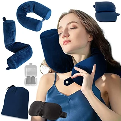 Imagen de Almohada de Viaje para Cuello, Cuello Flexible, Cojin Viscoelastica Espuma Memoria, Cervical Oficina Avión Tren Coche Viajando（Azul）