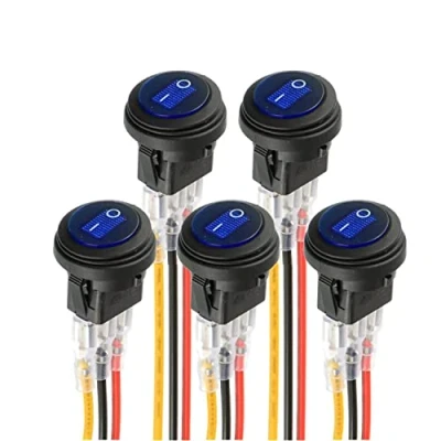 Imagen de HUAREW interruptor redondo emisor de luz LED azul KCD1 8 basculante impermeable 12V 20A marino y varias luces impermeables 3 pines con control cable (5 piezas)