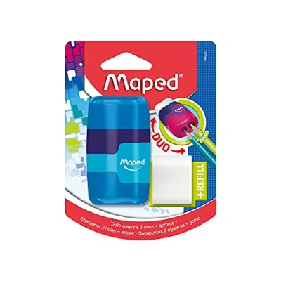 Imagen de Maped Material Escolar DUO Sacapuntas + Goma Connect 2 Orificios para Afilar con Compartimento Virutas Incluye de Recambio 3 Diseños Combinados