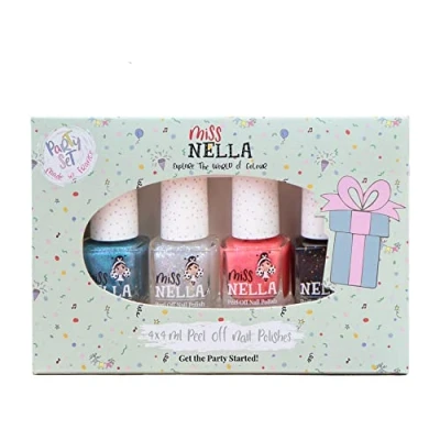 Imagen de Miss Nella colección de fiesta Paquete 4 Brillantina esmaltes uñas a base agua, peel off, sin olor y seguro por los niños, Negro, top coat, azul coral