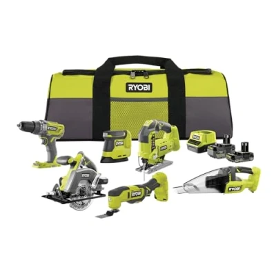 Imagen de RYOBI 18V ONE+ Kit combinado inalámbrico 10 piezas RCK186O 242SZL (taladro de percusión, sierra calar, circular, herramienta multifunción, lijadora Delta, aspiradora mano, batería 4.0Ah y