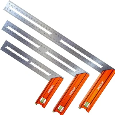 Imagen de Presch Juego de Escuadras Carpintero 200mm, 300mm &amp; 400mm Grande Incluye Regla trazado (20cm, 30cm 40cm), nivel burbuja y punzón marcado 90 45