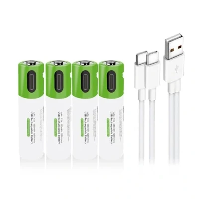 Imagen de pilas recargables USB AAA de iones litio, 1,5 V, 550 mWh, recargables, 1 h carga rápida, 1200 ciclos con cable tipo C, protección contra sobrecarga, 4 unidades