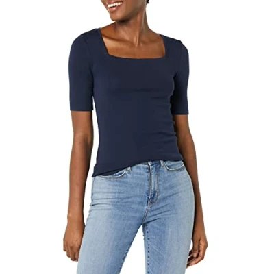 Imagen de Amazon Essentials Camiseta Entallada con Media Manga y Cuello Cuadrado Mujer, Azul Marino, L