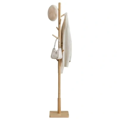 Imagen de VASAGLE Perchero, Perchero de Madera Maciza, Pie con 8 Ganchos para Abrigo, Sombrero, Bolso, Cartera, Entrada, Pasillo, y Mástil Caucho, Beige Natural RCR010N01