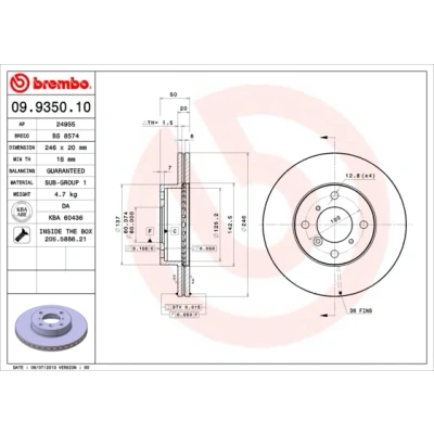 Imagen de BREMBO 09.9350.10 Disco de freno 246 20 4 ventilación interna con tornillos SUZUKI: Baleno I Hatchback