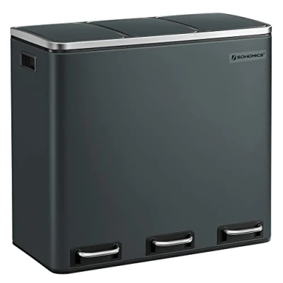 Imagen de SONGMICS Cubo de Basura para Cocina, 3 x 18 L, Compartimentos Reciclaje, Residuos, Restos Comida, Tapas Cierre suave, Pedales, Cubetas, Acero, Gris Verdoso LTB54GS