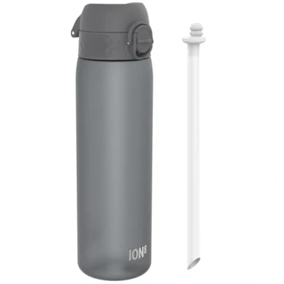Imagen de ion8 Botellas de Agua con Pajita, 500 ml/18oz, a Prueba Fugas, Fácil Abrir, Cierre Seguro, Apta para Lavavajillas, Libre BPA, Tapa Higiénica Abatible, Asa Transporte, Limpieza, Gris