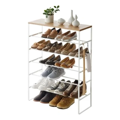 Imagen de YAMAZAKI 3369 TOWER Zapatero de 6 niveles con tablero superior madera, blanco, acero/madera, diseño minimalista, 66 x 25 87 cm (L An Al)