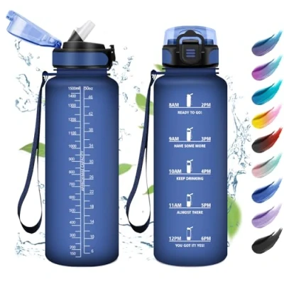 Imagen de Botella Agua Deporte 1.5L, con Marcador Tiempo, Fácil de Limpiar, Reutilizable, a Prueba Fugas, Motivacional Tapa, Cantimplora para Oficina, Adultos, Bicicleta, Gym