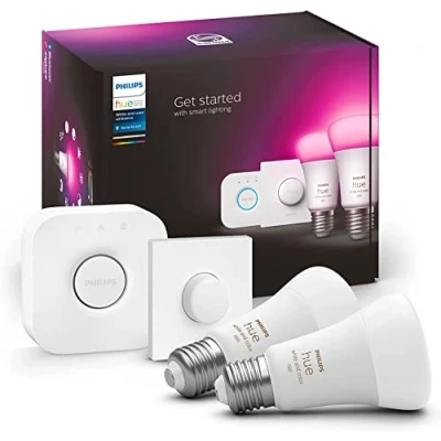 Imagen de Philips Hue Bombilla Inteligente, A60 E27, Luz Blanca y de Colores, 9W (Eq. 75W) 1100 lm, Compatible con Alexa Google Home Pack 2 Bombillas LED inteligentes + Botón Inteligente Bridge