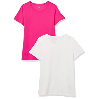 Imagen de Amazon Essentials Camiseta de Cuello Caja Manga Corta y Ajuste Clásico Mujer, Pack 2, Blanco/Rosa Brillante, M
